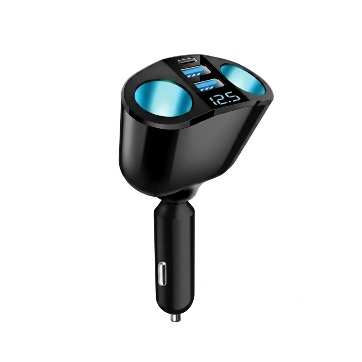 Chargeur Voiture Rotatif 360° M7 – Double Allume-Cigare + Type-C + Double USB – Affichage Tension Digital