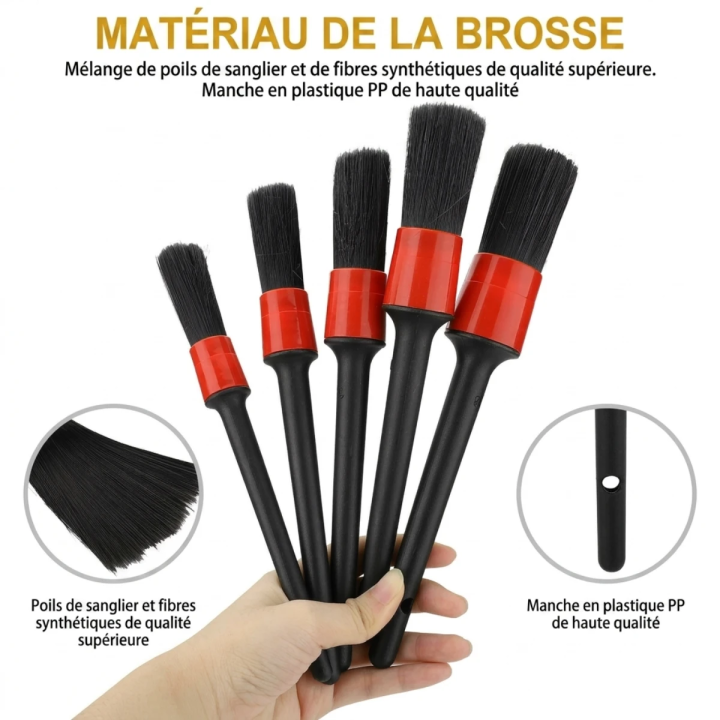 Kit 5 Brosses de Nettoyage Auto Détailing – Jantes, Grilles d'Aération, Intérieur Voiture – Poils Doux Premium